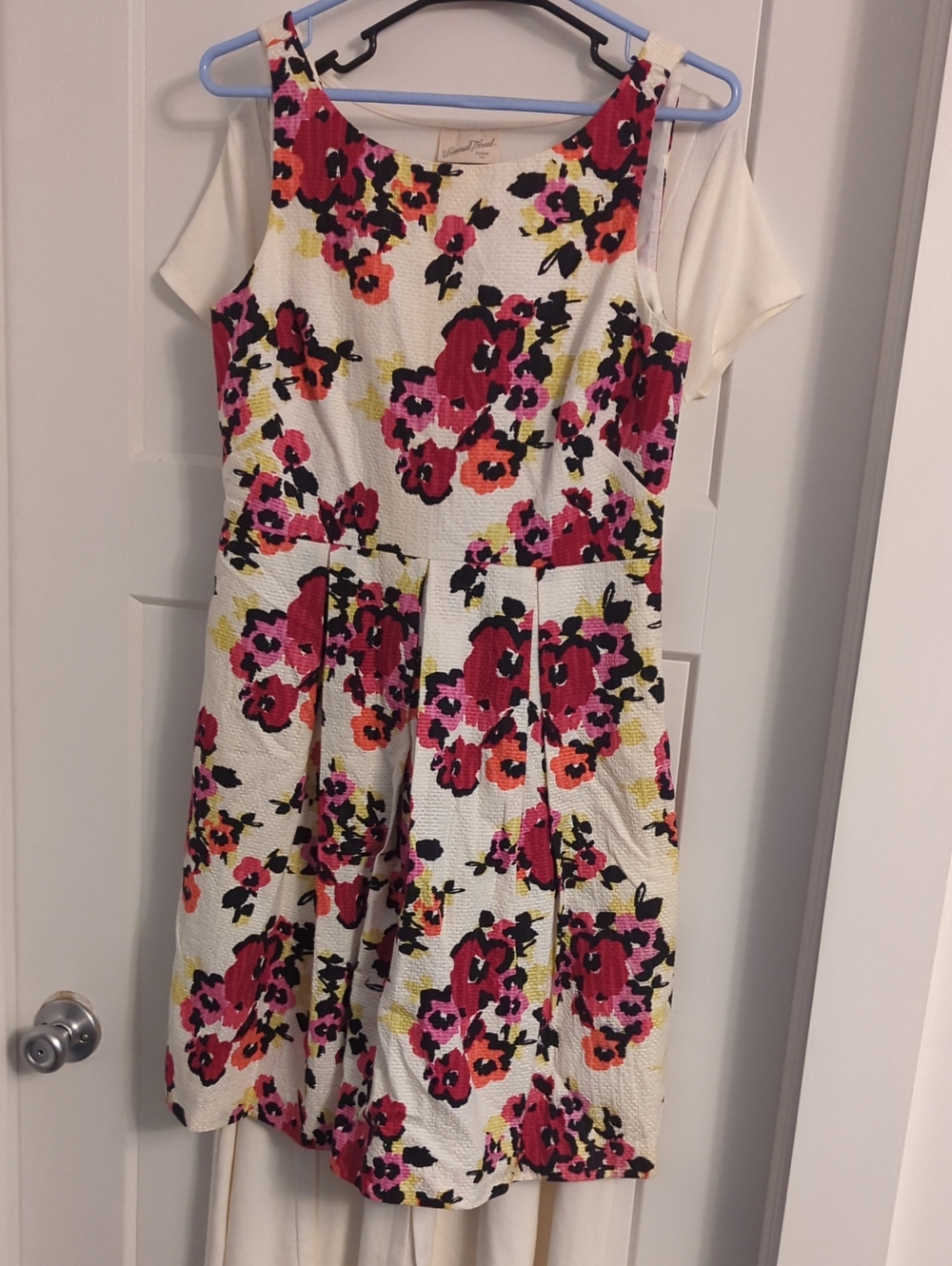 LOFT Ivory Dress with Pink, Red and Yellow Floral Print Elegant High Neckline 4